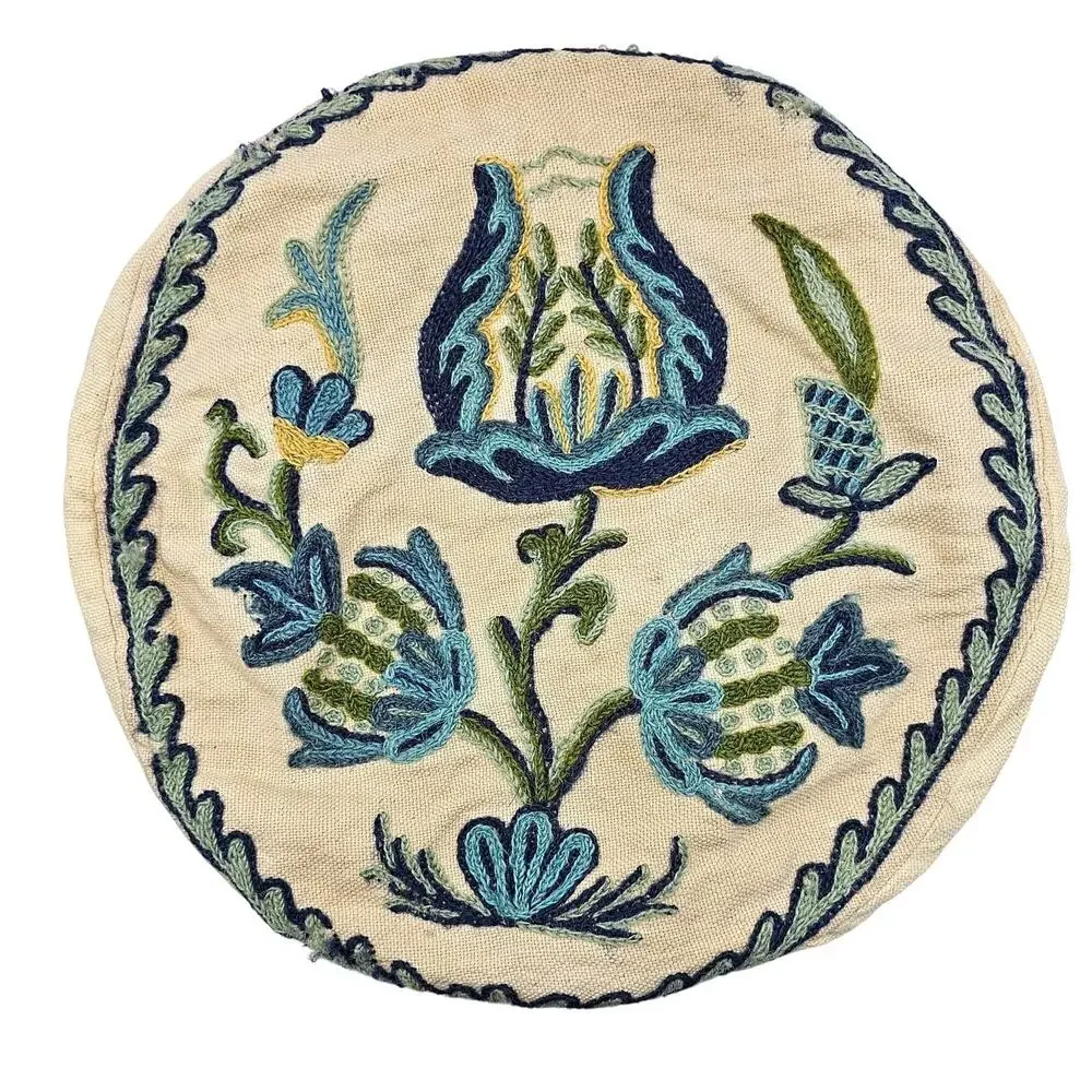 Vintage Crewel Embroidered Pillow Cover Round 12